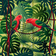 Wall Mural - parrots in the thickets of a flowering rainforest.