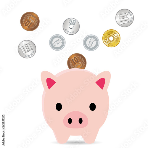 かわいいブタ 豚 の貯金箱と硬貨のイラスト 白背景 貯金 節約のイメージ ベクターデータ Piggy Bank Stock Vector Adobe Stock