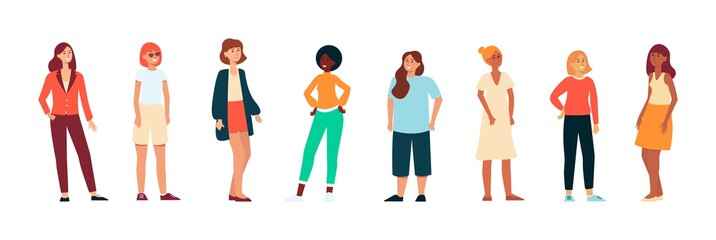 Wall Mural - different races women standing in casual cloth background flat vector isolated.