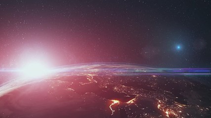 Wall Mural - epic rotate earth close up surface star background. sun beam glow celestial outer space deep univers