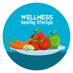 Wall Mural - label with health vegetables and fruits to balance