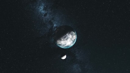 Wall Mural - rotate earth moon orbit star background top down. open deep galaxy satellite observation interstella