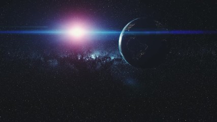 Wall Mural - earth motion moon orbit star galaxy sun beam glow. epic celestial interstellar space satellite view 