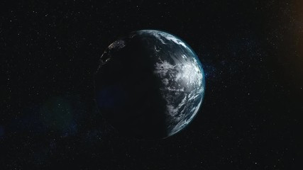 Wall Mural - rotate planet earth zoom in sun beam illuminate. celestial galaxy constellation cosmos nebula backgr