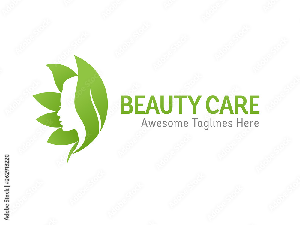 nature beauty care logo design, beauty face with green leaf logo vector ...