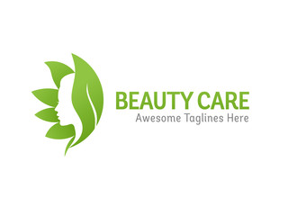 nature beauty care logo design, beauty face with green leaf logo vector