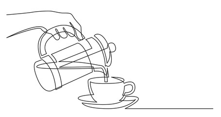 continuous line drawing of hand holding french press pouring coffee in cup