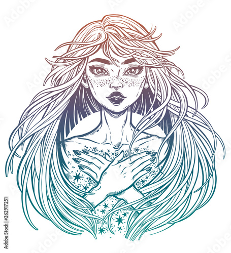 Magic Starry Witch Girl Young Woman With Long Hair Blown By