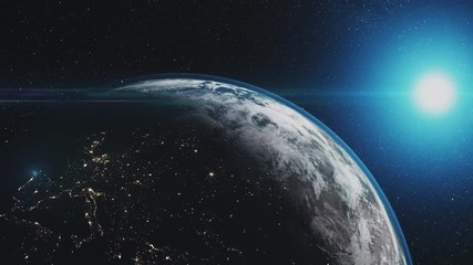 Wall Mural - epic earth rotate sunlight glow starry galaxy. interstellar asteroid deep outer space navigation tra