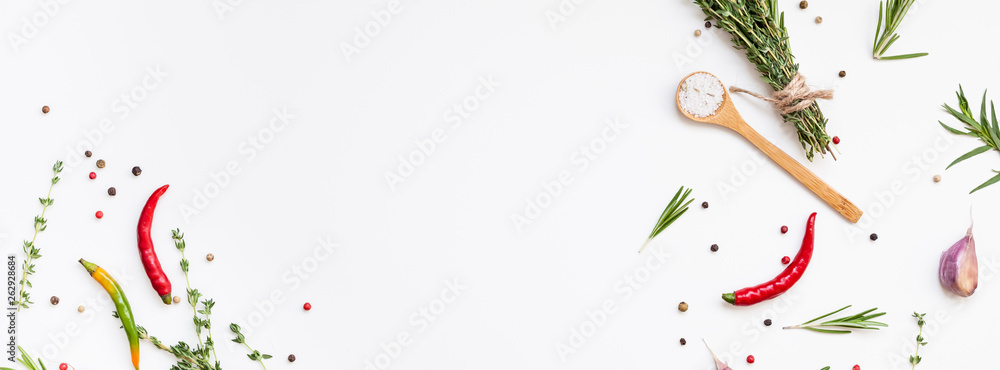 Food background with greens herbs and spices - obrazy, fototapety, plakaty 