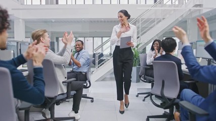 Wall Mural - Beautiful Happy Business Woman Manager is Being Cheered and Celebrated by Her Colleagues due to Success. Diverse and Motivated Business People Work on Computers in Modern Open Office.