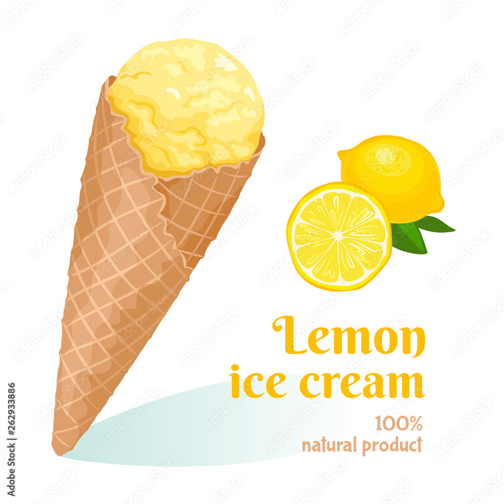 Vector lemon ice cream in waffle cone isolated on white background ...