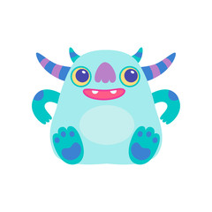 Wall Mural - Cute Friendly Horned Monster, Funny Alien Cartoon Character Fantastic Creature Vector Illustration