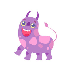 Sticker - Cute Horned Monster, Smiling Funny Alien Cartoon Character Fantastic Creature Vector Illustration