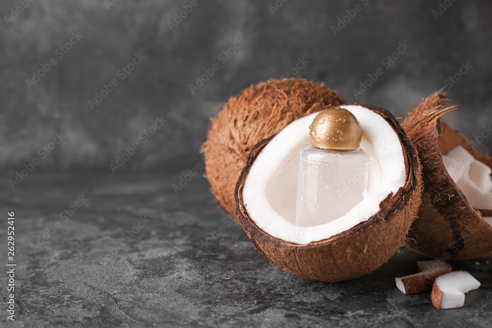 Cosmetics with coconut extract on table