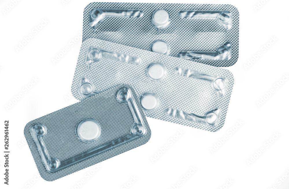 Emergency contraceptive pills in blister pack on blurred background of morning after pills. Drug cause of ectopic pregnancy. Emergency contraception for prevent pregnancy after unprotected sex. - obrazy, fototapety, plakaty 