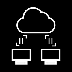 Arrow over computers in cloud icon.data transfer mark