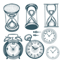 Wall Mural - Time. Hand drawn hourglass, alarm clock and pocket watch. Part of set.