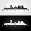 Antwerp skyline and landmarks silhouette, black and white design, vector illustration.