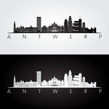 Antwerp Skyline And Landmarks Silhouette, Black And White Design, Vector Illustration.