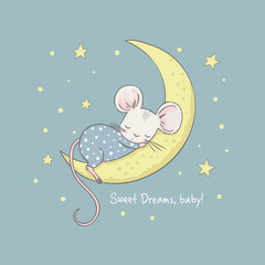 Wall Mural - Little mouse on the moon. Cartoon vector illustration for kids