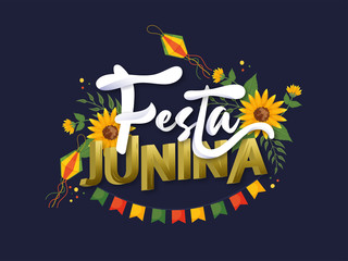 Sticker - Stylish text Festa Junina decorated with beautiful sunflowers, paper lantern and bunting flags on blue background. Can be used as banner or poster design.