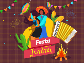 Sticker - Festa Junina party celebration concept with Brazilian couple character dancing and musical harmonium illustration on brown tartan background.