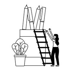 Canvas Print - business woman pencils ladder