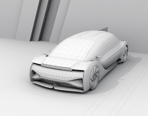 Wall Mural - Clay wireframe rendering of Electric Car in Charging Station. 3D rendering image.