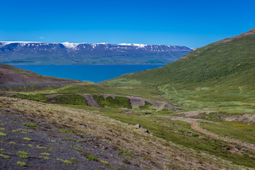 Canvas Print - View from Vikurskard mountain pass near Akureyri city in the north part of Iceland