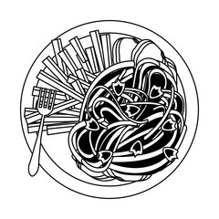 Wall Mural - Spaghetti and french fries with fork food in black and white