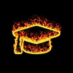 The symbol graduation cap burns in red fire