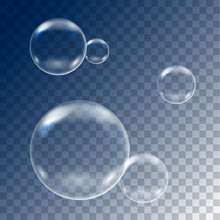 Realistic Illustration Of Set Of Flying Soap Bubbles On Transparent Blue Background, Vector