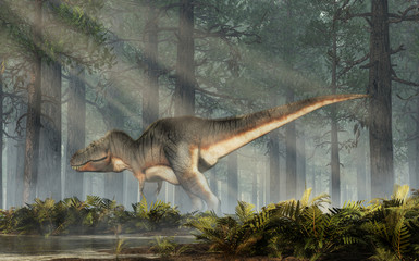Aufkleber - A tyrannosaurus rex stands a dense prehistoric forest. The most popular carnivorous dinosaur, this predator lived during the Cretaceous period. 3D Rendering.