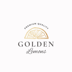 Wall Mural - golden lemons abstract vector sign, symbol or logo template. hand drawn lemon slice sketch sillhouet