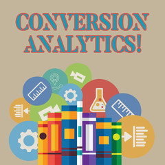 Word writing text Conversion Analytics. Business photo showcasing action that s is counted when someone interacts with ad Books Arranged Standing Up in Row with Assorted Educational Icons Behind