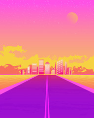 Wall Mural - Synthwave illustration with dream road, sunset color and city on the horizon. 1980s style