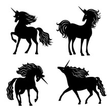 Black Vector Unicorn Silhouettes Isolated On White Background. Magic Horse With Horn, Black White Unicorn Illustration
