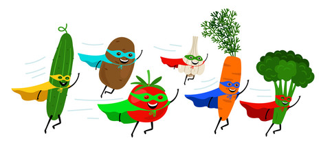 Wall Mural - Super vegetables. Vegetable heroes, superheroes with smiles and masks, carrot and tomato, flying potato and cucumber costume characters, vector icon set