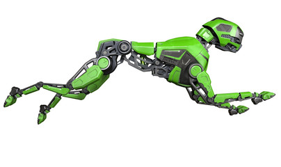 Green Robot dog runs on a white background