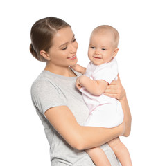 Canvas Print - Portrait of happy mother with her baby isolated on white