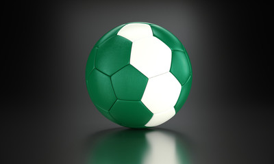 Football 3d concept. Ball with national flag of Nigeria in the black metallic studio.