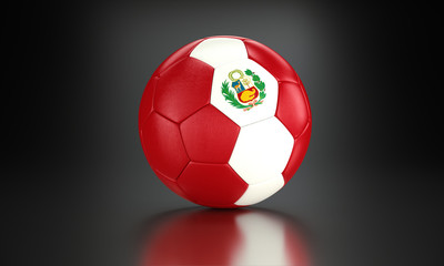 Football 3d concept. Ball with national flag of Peru in the black metallic studio.