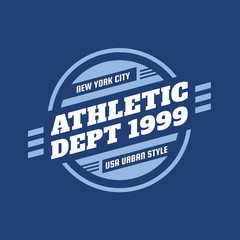 Athletic department 1999 - typography vintage logo for t-shirt. Retro artwork badge for outfit print of two colors. Vector illustration on blue background. USA urban style. Graphic design element.