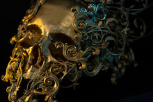 Golden Skull Made With 3d Printer And Pieces By Hand. Gothic Piece Of Decoration For Halloween Or Horror Scenes