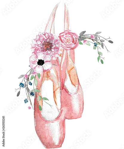 Fotomural  Watercolor illustration of pointe shoes with a floral arrangement
