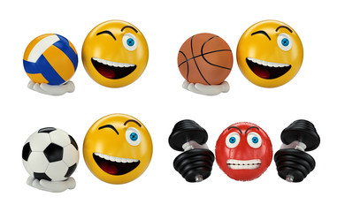  Set of realistic emoji, 3d illustration icons. Sport, Soccer, Basketball, Workout, Volleyball, emotions, emoticons. Isolated on white background 