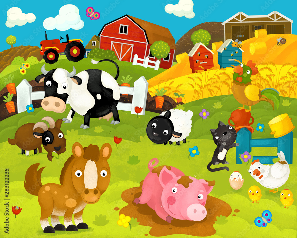 cartoon happy and funny farm scene with happy animals - illustration for  children Stock Illustration | Adobe Stock, image size:1000x800