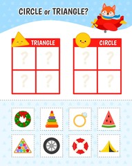 Poster - Educational game for children with pictures. Kids activity sheet. Circle or triangle?  Cartoon illustration of circle or triangle objects.