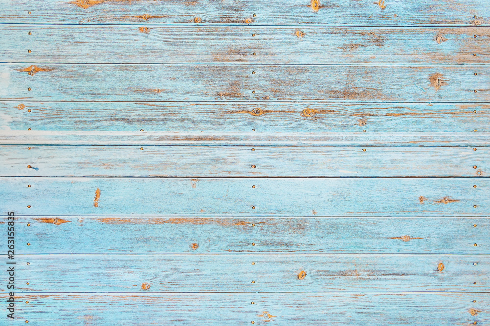 Vintage beach wood background - Old weathered wooden plank painted in turquoise or blue sea color. - obrazy, fototapety, plakaty 